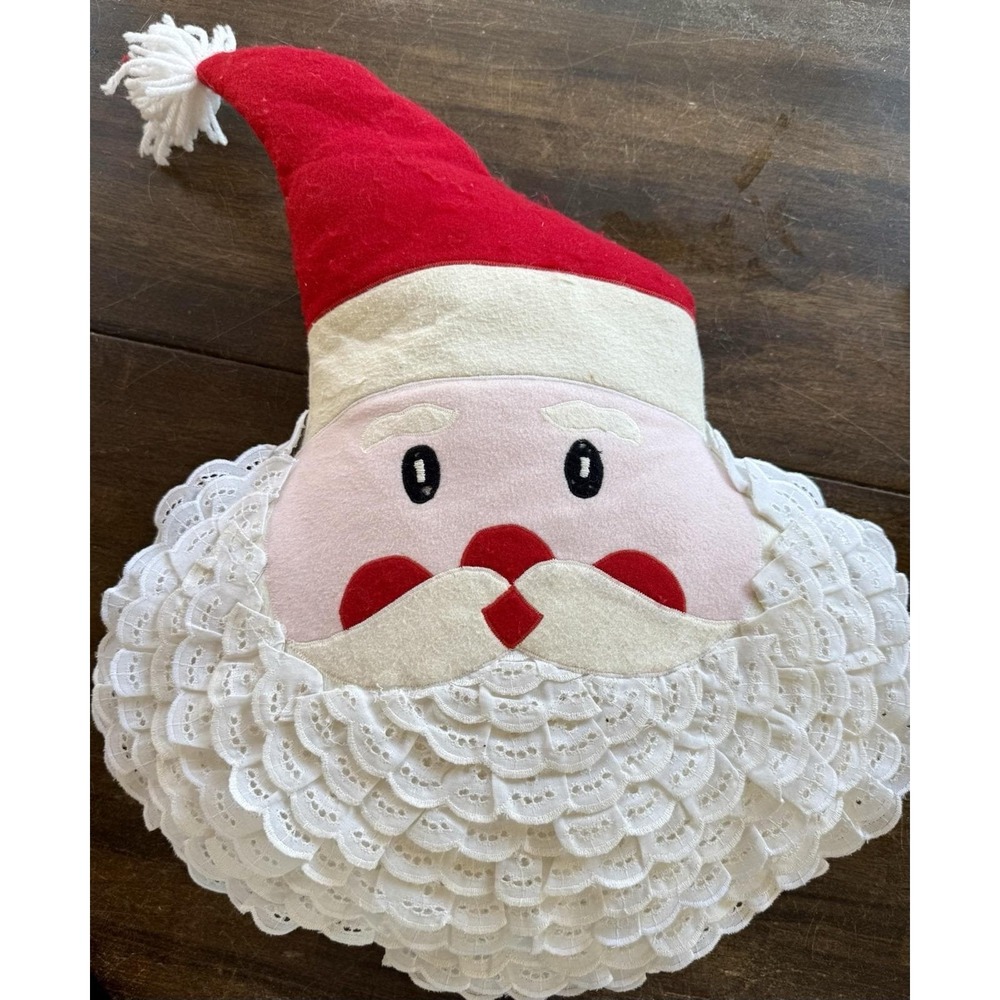 Vintage Handmade‎ Felt Santa Pillow Lace Beard Christmas Decor